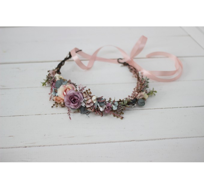 Dusty rose purple pink flower crown. Hair wreath in  pastel colors. Flower girl crown. Wedding flowers. 0004