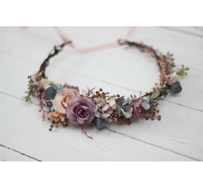 Dusty rose purple pink flower crown. Hair wreath in  pastel colors. Flower girl crown. Wedding flowers. 0004