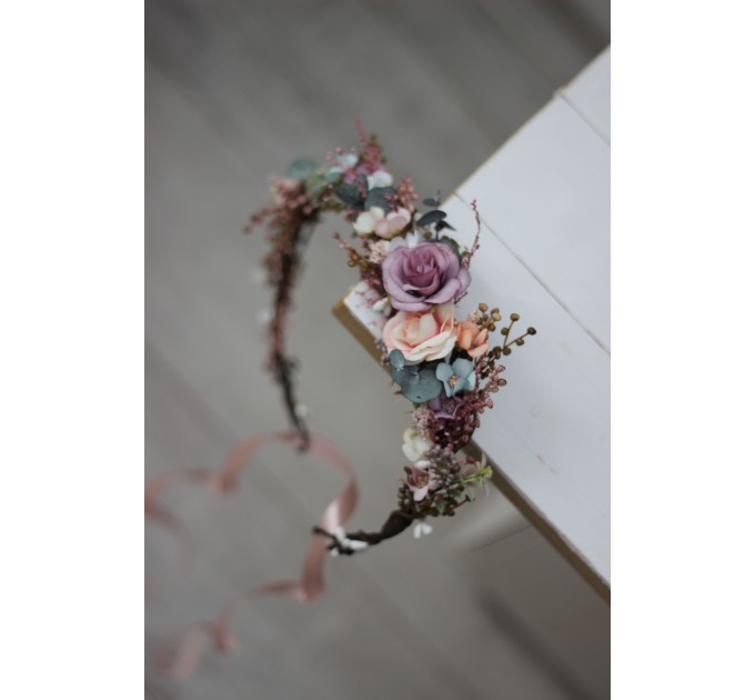 Dusty rose purple pink flower crown. Hair wreath in  pastel colors. Flower girl crown. Wedding flowers. 0004