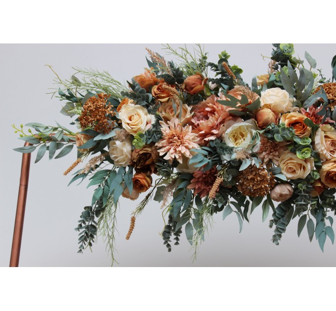 Flower arch arrangement in orange rust peach colors. Arbor flowers. Floral archway. Faux flowers for wedding arch. 0001