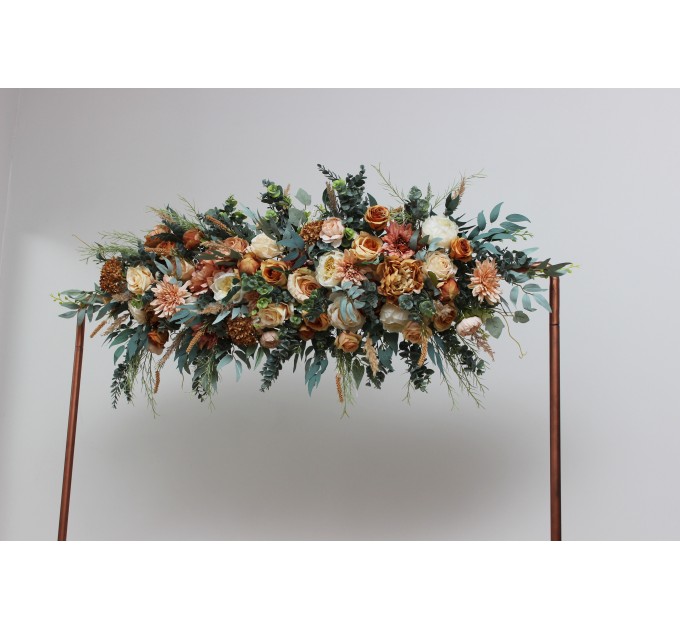 Flower arch arrangement in orange rust peach colors. Arbor flowers. Floral archway. Faux flowers for wedding arch. 0001