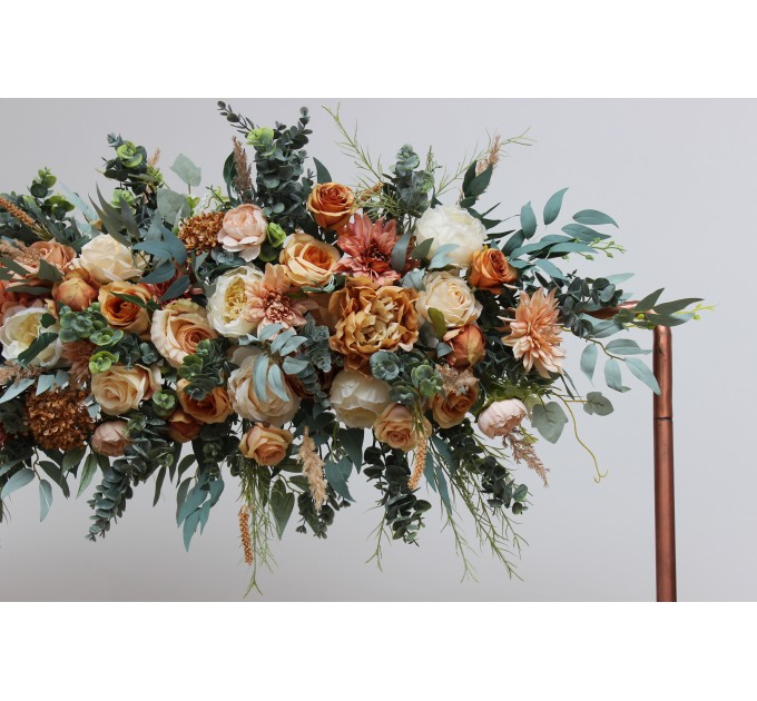 Flower arch arrangement in orange rust peach colors. Arbor flowers. Floral archway. Faux flowers for wedding arch. 0001