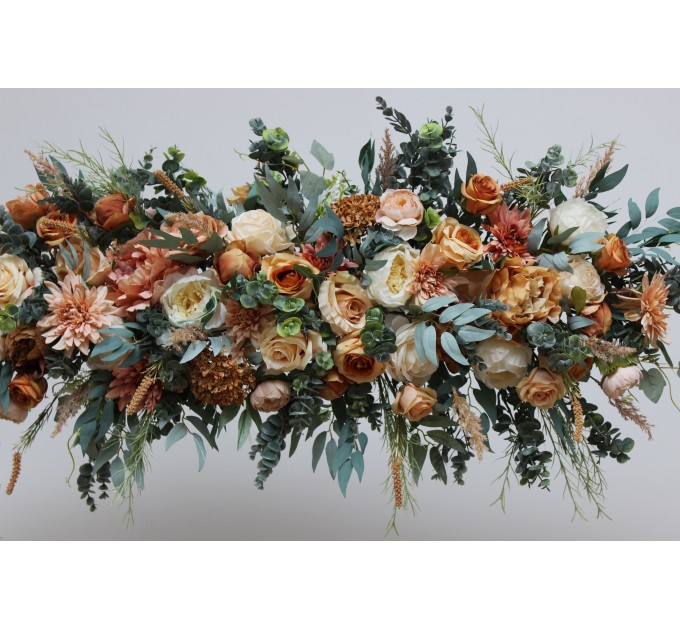 Flower arch arrangement in orange rust peach colors. Arbor flowers. Floral archway. Faux flowers for wedding arch. 0001