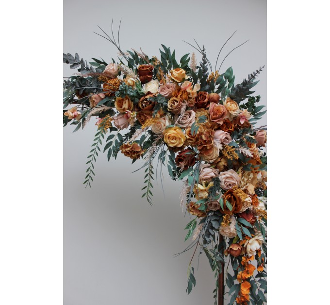 Flower arch arrangement in orange rust peach colors. Arbor flowers. Floral archway. Faux flowers for wedding arch. 0001