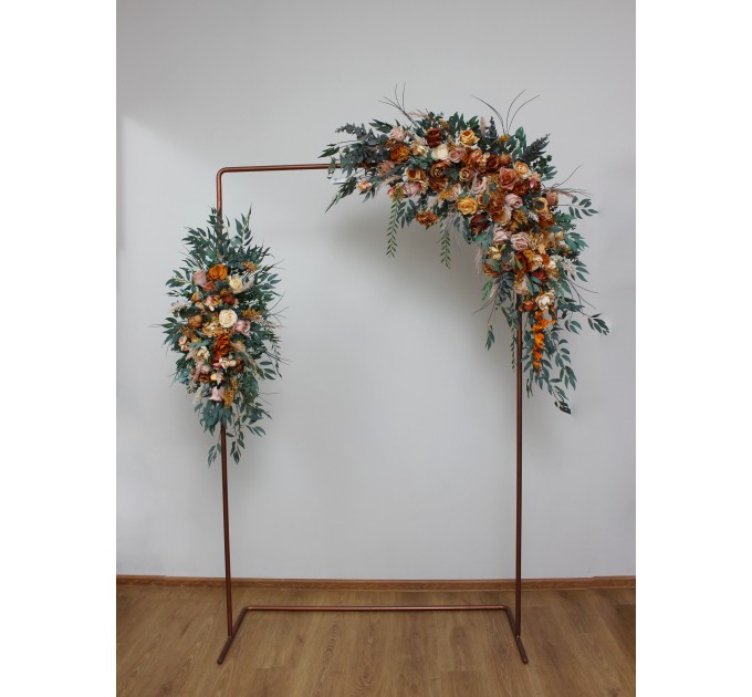 Flower arch arrangement in orange rust peach colors. Arbor flowers. Floral archway. Faux flowers for wedding arch. 0001
