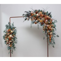 Flower arch arrangement in orange rust peach colors.  Arbor flowers. Floral archway. Faux flowers for wedding arch. 0001