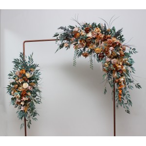 Flower arch arrangement in orange rust peach colors.  Arbor flowers. Floral archway. Faux flowers for wedding arch. 0001