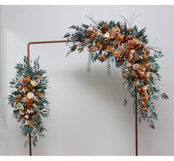 Flower arch arrangement in orange rust peach colors. Arbor flowers. Floral archway. Faux flowers for wedding arch. 0001