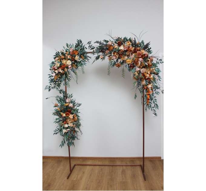 Flower arch arrangement in orange rust peach colors. Arbor flowers. Floral archway. Faux flowers for wedding arch. 0001