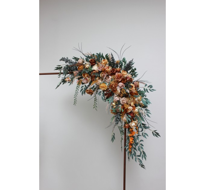 Flower arch arrangement in orange rust peach colors. Arbor flowers. Floral archway. Faux flowers for wedding arch. 0001