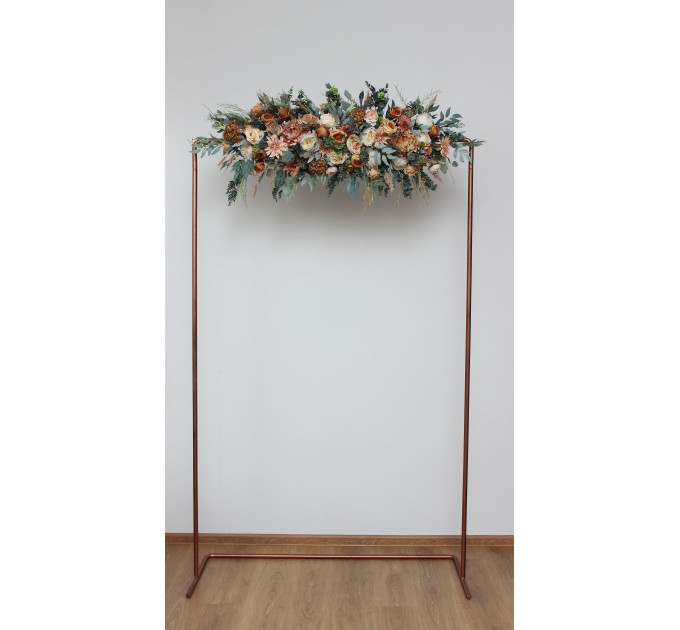 Flower arch arrangement in orange rust peach colors. Arbor flowers. Floral archway. Faux flowers for wedding arch. 0001