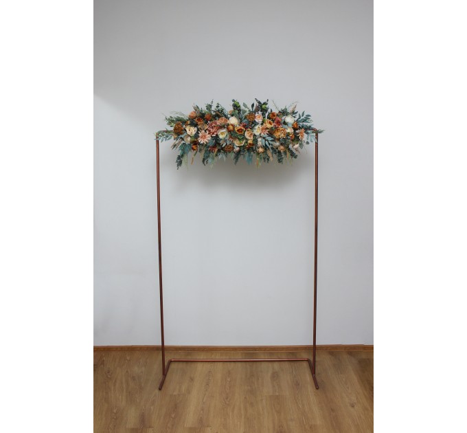 Flower arch arrangement in orange rust peach colors. Arbor flowers. Floral archway. Faux flowers for wedding arch. 0001