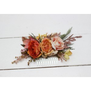 Flower comb in orange rust peach color scheme. Wedding accessories for hair. Bridal flower comb. Bridesmaid floral comb. 0001