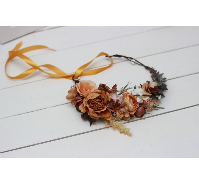 Orange rust peach crown. Hair wreath. Flower girl crown. Wedding flowers. 0001