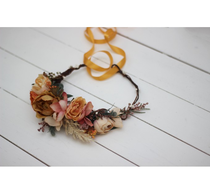 Orange rust peach crown. Hair wreath. Flower girl crown. Wedding flowers. 0001