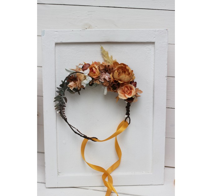 Orange rust peach crown. Hair wreath. Flower girl crown. Wedding flowers. 0001