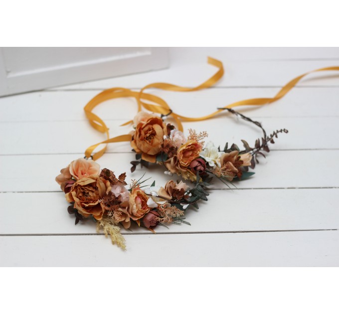 Orange rust peach crown. Hair wreath. Flower girl crown. Wedding flowers. 0001
