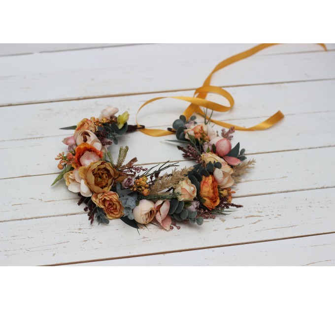 Orange rust peach crown. Hair wreath. Flower girl crown. Wedding flowers. 0001