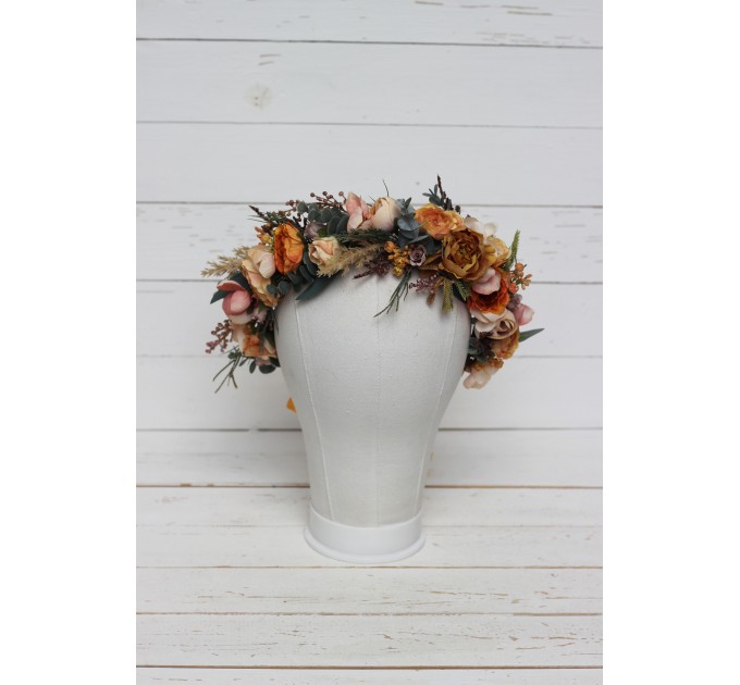 Orange rust peach crown. Hair wreath. Flower girl crown. Wedding flowers. 0001