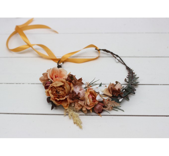 Orange rust peach crown. Hair wreath. Flower girl crown. Wedding flowers. 0001