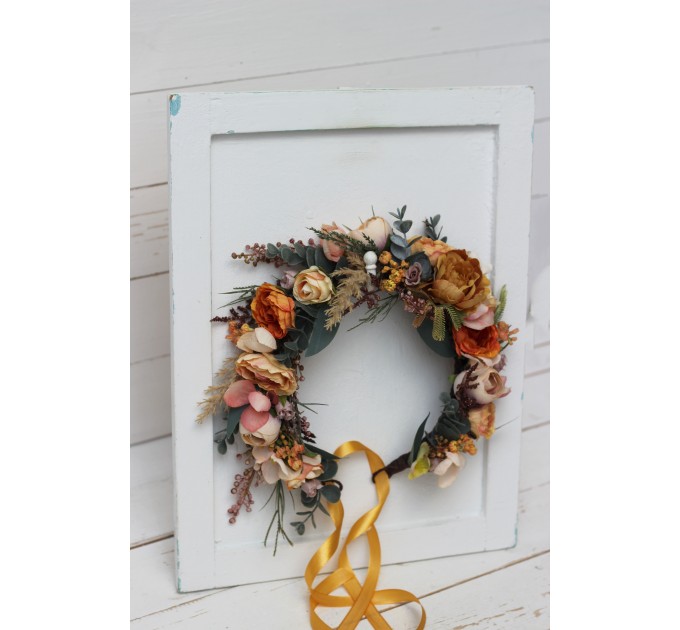 Orange rust peach crown. Hair wreath. Flower girl crown. Wedding flowers. 0001