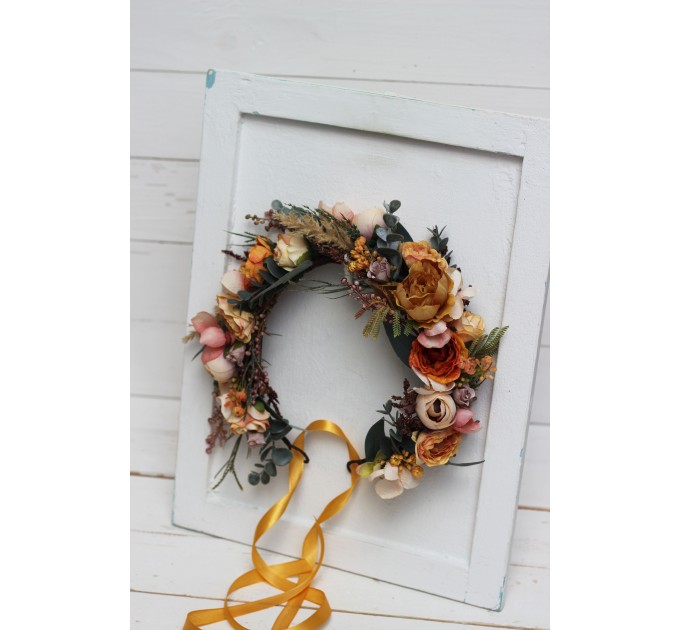 Orange rust peach crown. Hair wreath. Flower girl crown. Wedding flowers. 0001