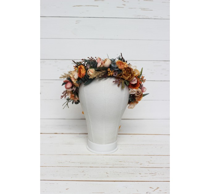 Orange rust peach crown. Hair wreath. Flower girl crown. Wedding flowers. 0001