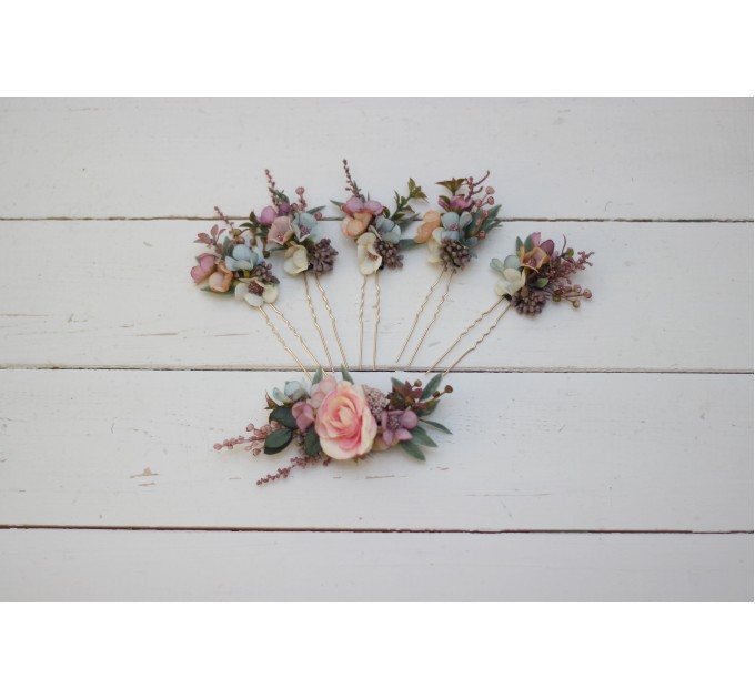  Set of 5 hair pins in  dusty rose purple pink color scheme. Hair accessories. Flower accessories for wedding. 0004