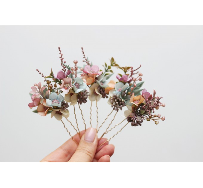  Set of 5 hair pins in  dusty rose purple pink color scheme. Hair accessories. Flower accessories for wedding. 0004