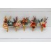 Wedding boutonnieres and wrist corsage in orange rust peach color theme. Flower accessories. 0001