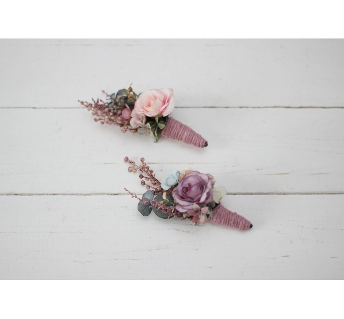  Wedding boutonnieres and wrist corsage  in pastel color theme.Dusty rose purple pink flower accessories. 0004