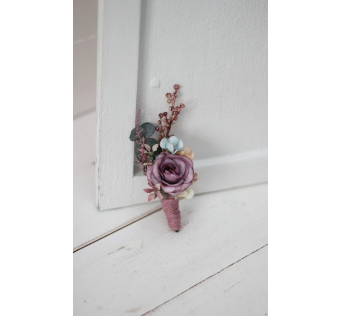  Wedding boutonnieres and wrist corsage  in pastel color theme.Dusty rose purple pink flower accessories. 0004