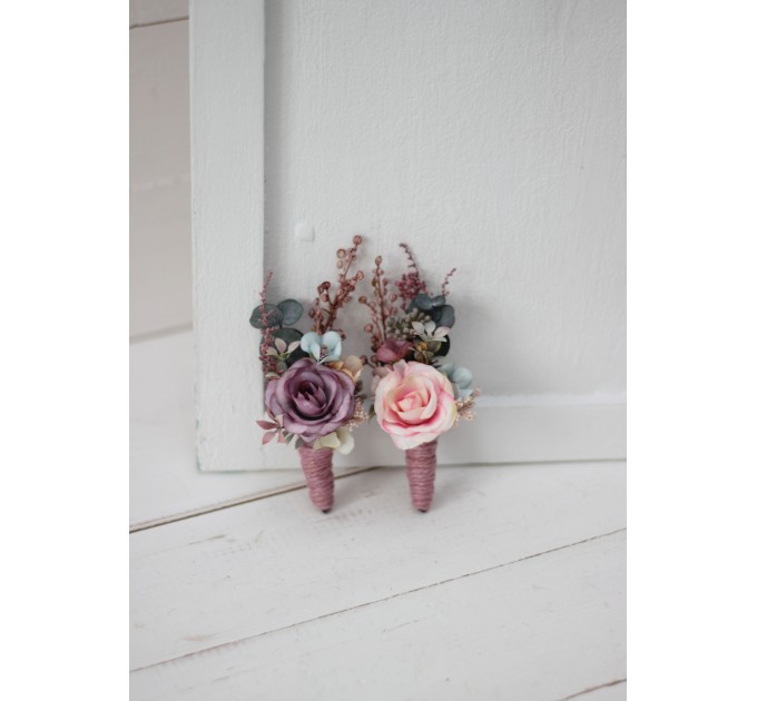  Wedding boutonnieres and wrist corsage  in pastel color theme.Dusty rose purple pink flower accessories. 0004