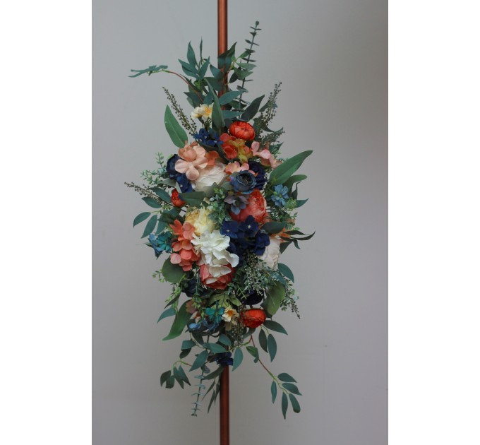 Flower arch arrangement in navy blue coral ivory colors. Arbor flowers. Floral archway. Faux flowers for wedding arch. 5084