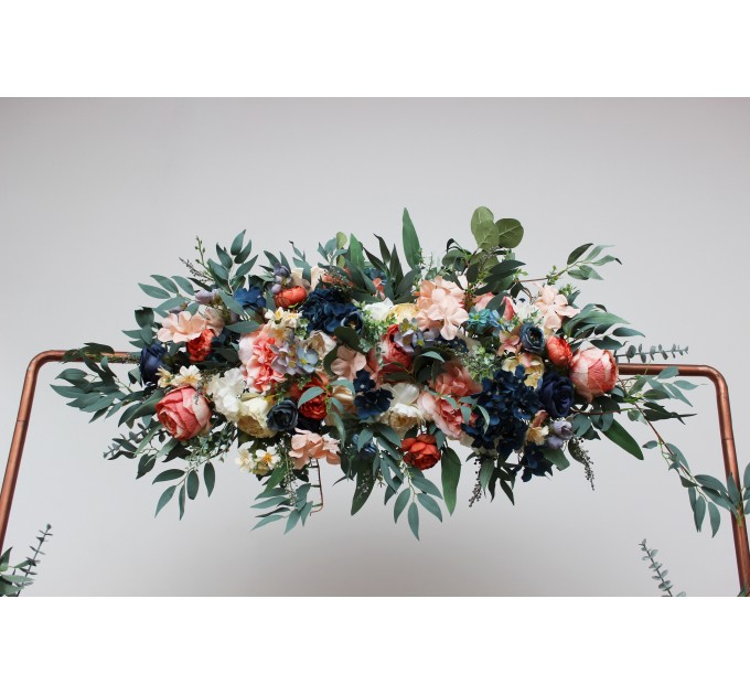  Flower arch arrangement in navy blue coral ivory colors.  Arbor flowers. Floral archway. Faux flowers for wedding arch. 5084