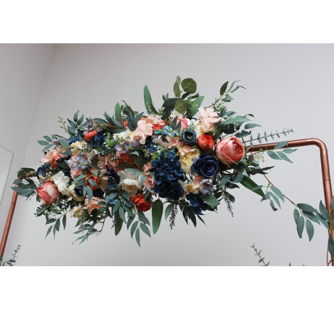 Flower arch arrangement in navy blue coral ivory colors. Arbor flowers. Floral archway. Faux flowers for wedding arch. 5084