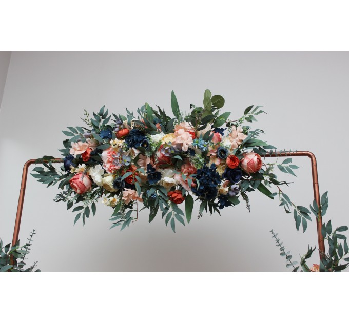 Flower arch arrangement in navy blue coral ivory colors. Arbor flowers. Floral archway. Faux flowers for wedding arch. 5084