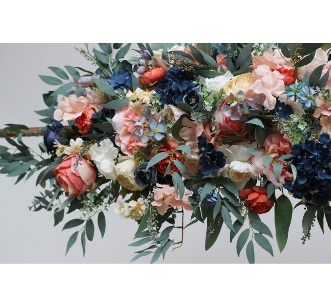 Flower arch arrangement in navy blue coral ivory colors. Arbor flowers. Floral archway. Faux flowers for wedding arch. 5084