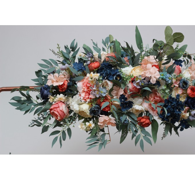 Flower arch arrangement in navy blue coral ivory colors. Arbor flowers. Floral archway. Faux flowers for wedding arch. 5084