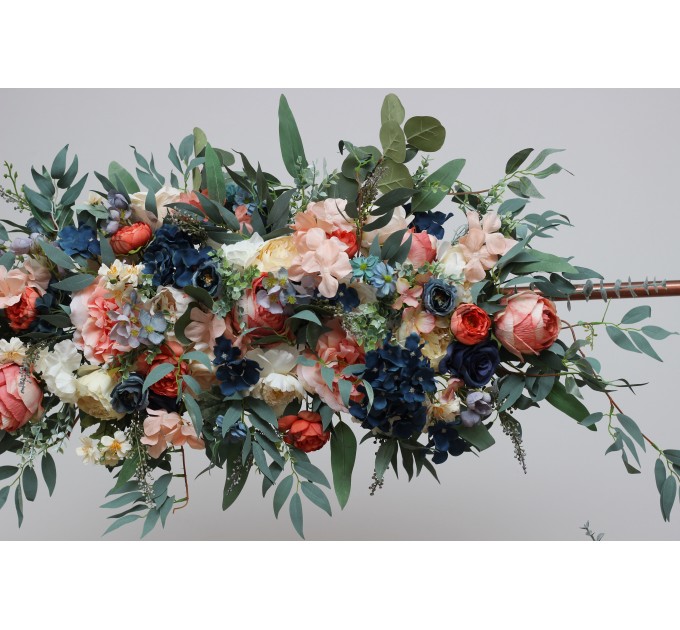 Flower arch arrangement in navy blue coral ivory colors. Arbor flowers. Floral archway. Faux flowers for wedding arch. 5084