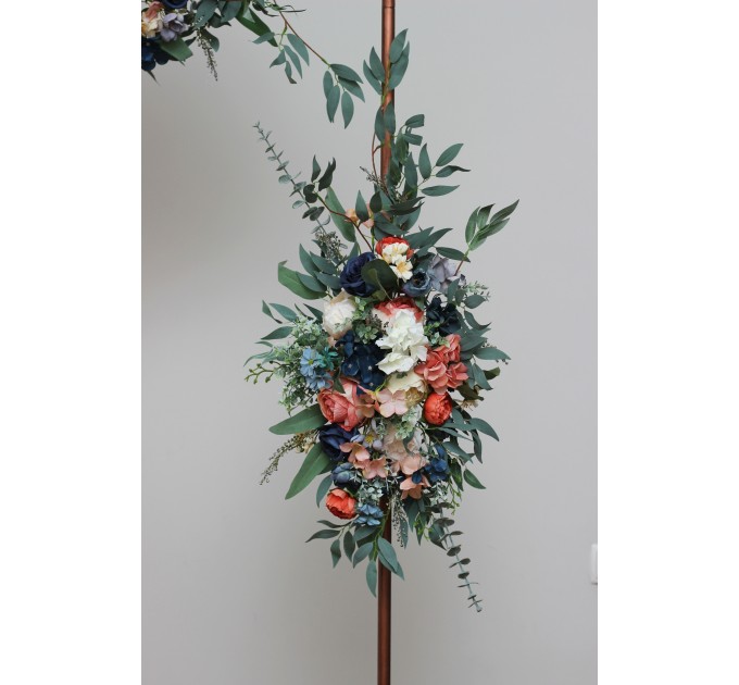 Flower arch arrangement in navy blue coral ivory colors. Arbor flowers. Floral archway. Faux flowers for wedding arch. 5084