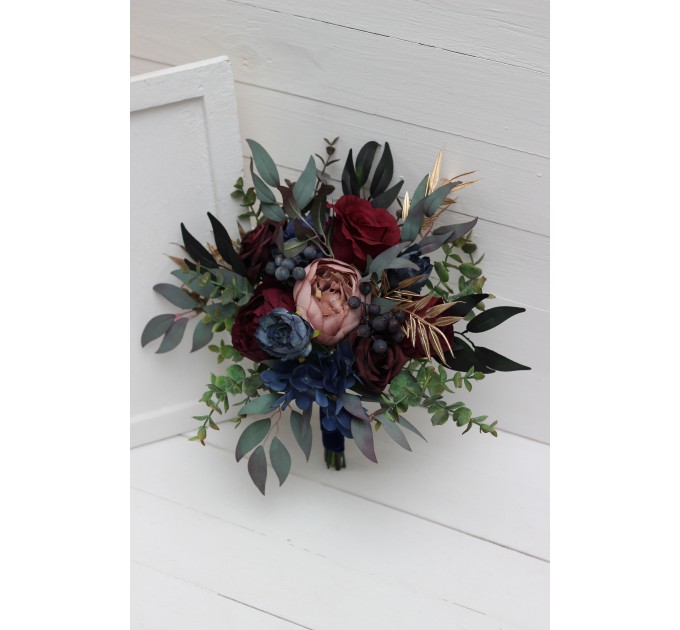 Wedding bouquets in burgundy navy blue dusty rose gold colors. Bridal bouquet. Faux bouquet. Bridesmaid bouquet. 5090