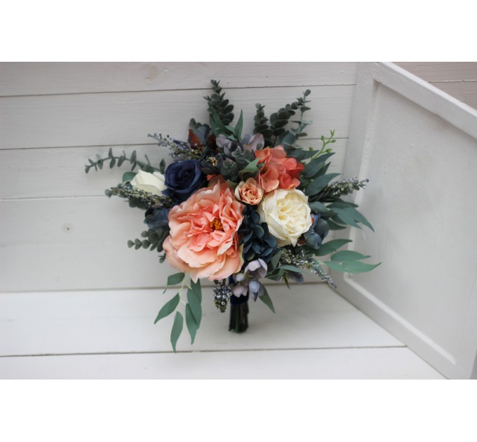 Wedding bouquets in navy blue coral ivory colors. Bridal bouquet. Faux bouquet. Bridesmaid bouquet. 5084