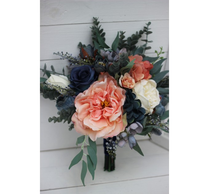 Wedding bouquets in navy blue coral ivory colors. Bridal bouquet. Faux bouquet. Bridesmaid bouquet. 5084