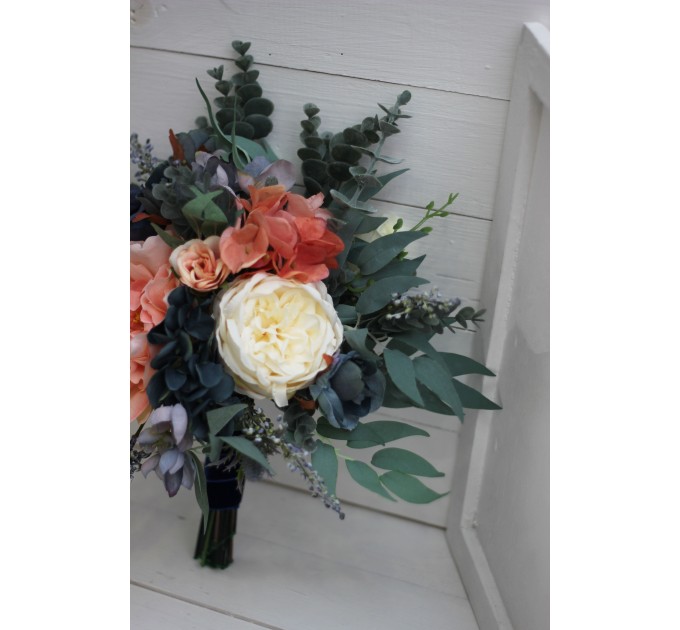 Wedding bouquets in navy blue coral ivory colors. Bridal bouquet. Faux bouquet. Bridesmaid bouquet. 5084