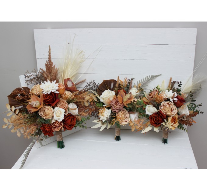 Wedding bouquets in orange ivory rust terracotta colors. Bridal bouquet. Faux bouquet. Bridesmaid bouquet. 0036