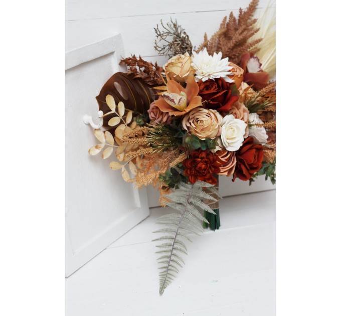 Wedding bouquets in orange ivory rust terracotta colors. Bridal bouquet. Faux bouquet. Bridesmaid bouquet. 0036