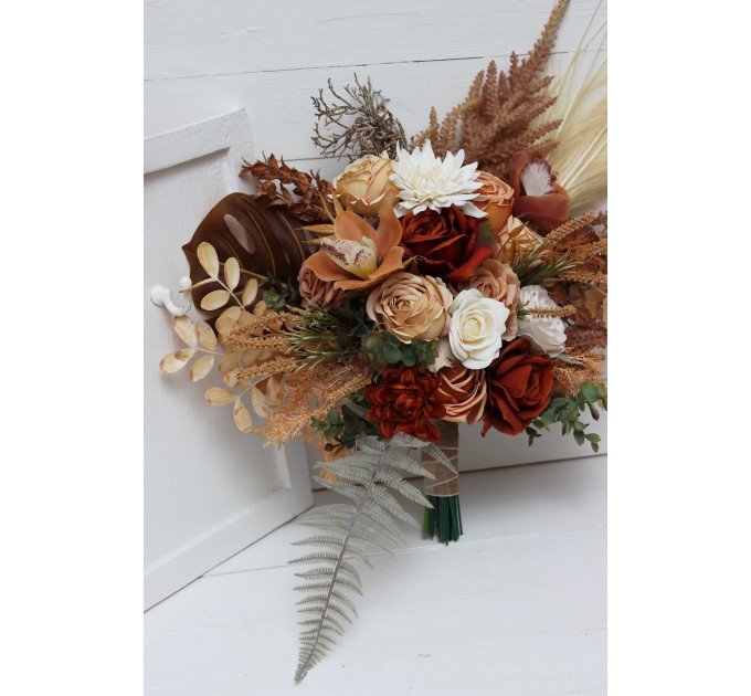 Wedding bouquets in orange ivory rust terracotta colors. Bridal bouquet. Faux bouquet. Bridesmaid bouquet. 0036