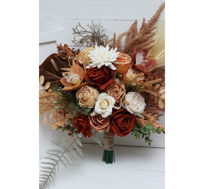 Wedding bouquets in orange ivory rust terracotta colors. Bridal bouquet. Faux bouquet. Bridesmaid bouquet. 0036