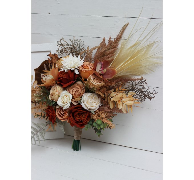 Wedding bouquets in orange ivory rust terracotta colors. Bridal bouquet. Faux bouquet. Bridesmaid bouquet. 0036